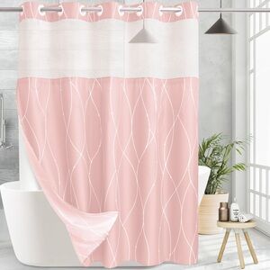 NEW Fabric Shower Curtain, Mesh Window Hook Free Removable Liner 71” W x 84” H